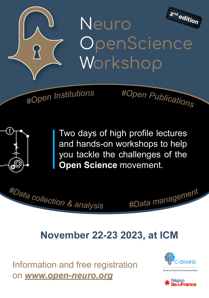 📢 Back to the lab? Consider coming to our
Neuro OpenScience Workshop
Nov 22-23, 2023

1st day: Lectures 
Open -institutions -publications -tools -data 

2nd day: Hands-on sessions 
Code/data versioning, JsPsych, ClearMap, etc

Free registration here: open-neuro.org
