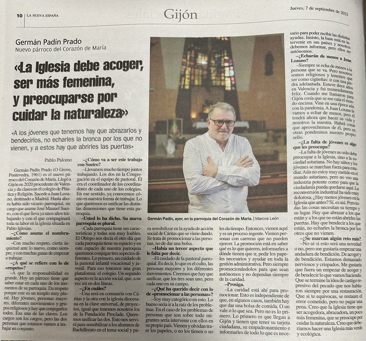codemagijon's tweet photo. El P. Germán Padín CMF, nuevo párroco del Corazón de María @pacomargijon, concede la primera entrevista tras su nombramiento a @pablogpalomo en el periódico @lanuevaespana. Asume este servicio misionero con respeto, ilusión y confianza. @cmfsantiago @epapcmf @ApostoladoCmfSt https://t.co/HZucNc7EFJ