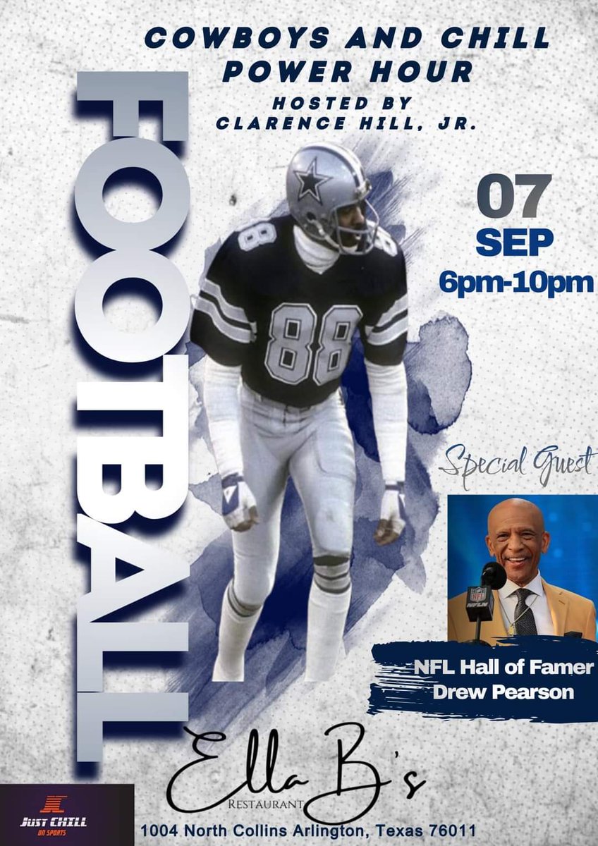 LGroupPR's tweet photo. Kick off the start of football season tonight, with this Hall of Famer, the 'original' 88, @88DrewPearson at Ella B's in Arlington, tonight at 6P (cst), with host @clarencehilljr ...let's go!!
#DrewPearson #CowboysNation #JustChill https://t.co/Ico7ZkU7Mt