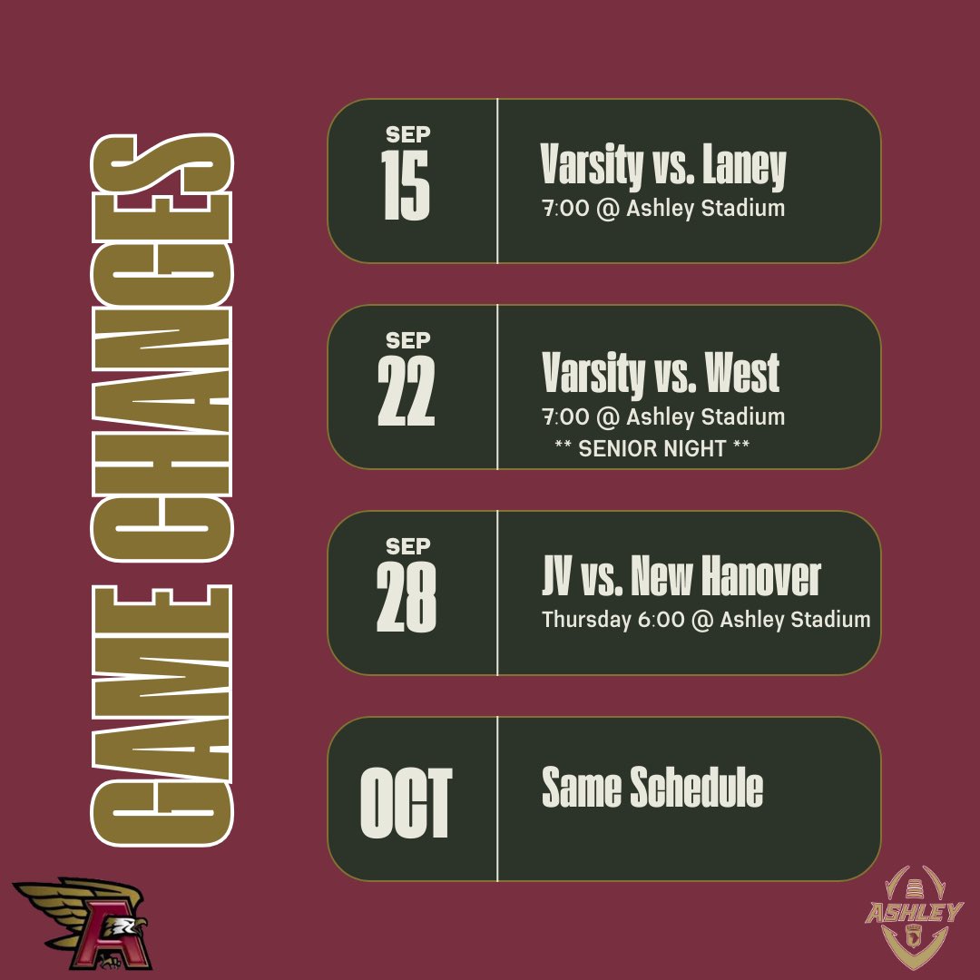 AshleyFootball_'s tweet photo. THE EAGLES ARE BACK IN THE NEST!!

There are 3 guaranteed football (2 varsity, 1 jv) games that will be played in Ashley Stadium.  October game schedule / locations remain the same at this time. 

The Varsity Screaming Eagles will host the Laney Bucs next Friday. https://t.co/byRxmxUu8k