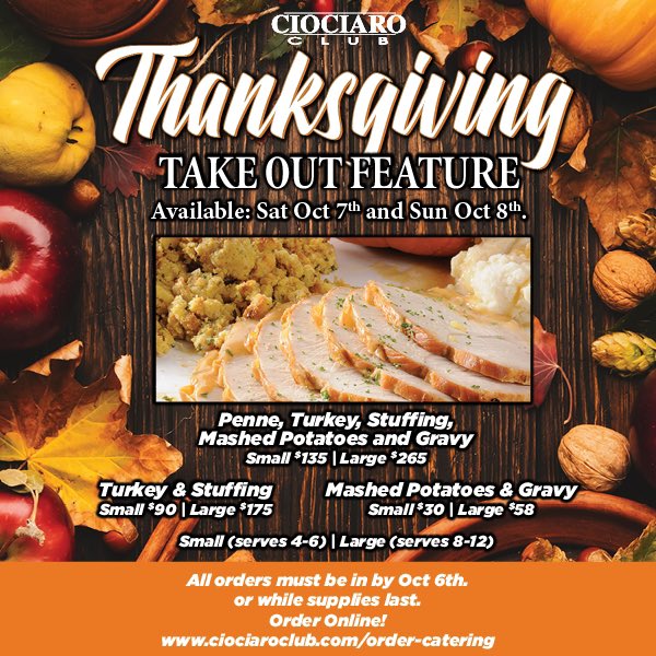 We’re just about a month away from Thanksgiving! Our turkey special is now available to order, while supplies last. Click here to order today: ciociaroclub.com/order-catering