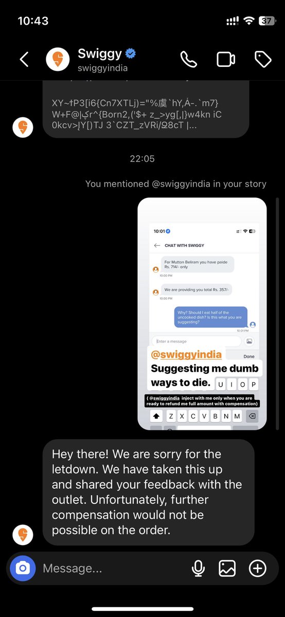 BluffingWingman's tweet photo. This is what your response is on Instagram @Swiggy  @harshamjty https://t.co/beGTRI0OOw