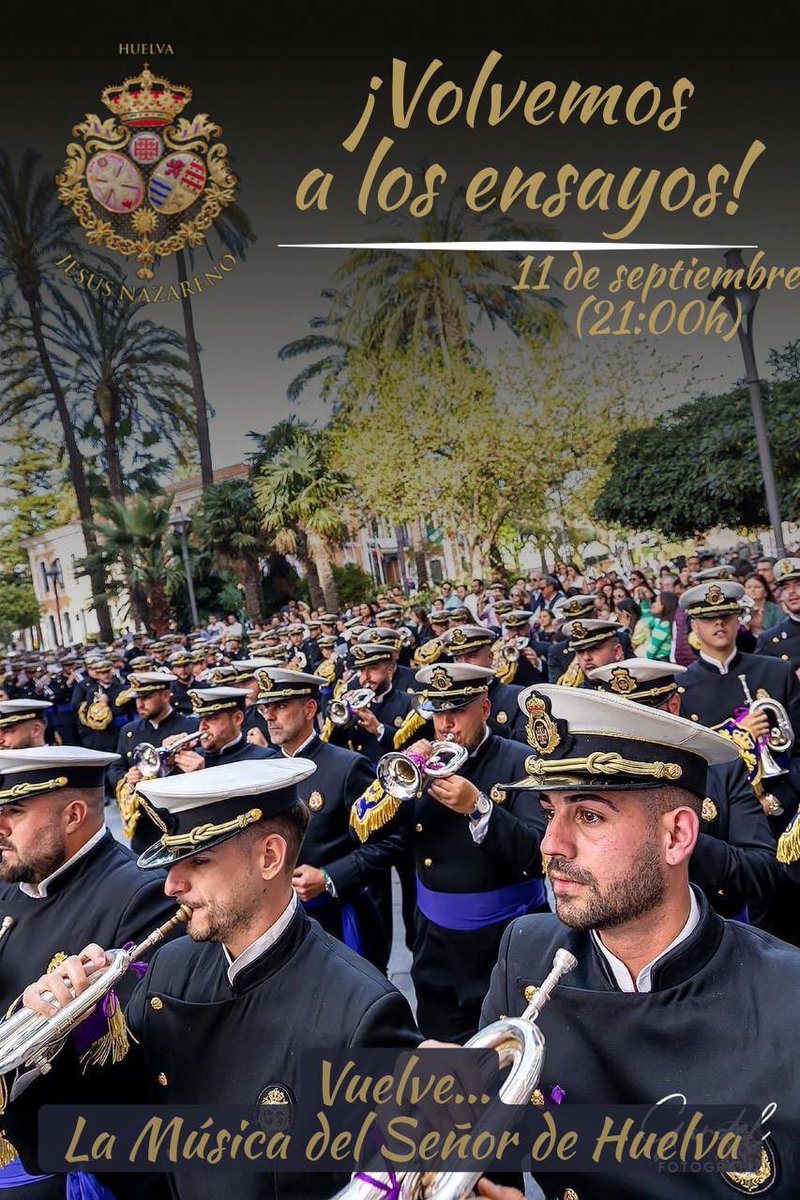 Nazareno_Huelva's tweet photo. 🎼 ¡VOLVEMOS A LOS ENSAYOS!

La Banda de Cornetas y Tambores Jesús Nazareno de Huelva vuelve a la actividad tras el parón estival, con las pilas recargadas y la ilusión del primer día. https://t.co/Zj3YPaqLnX
