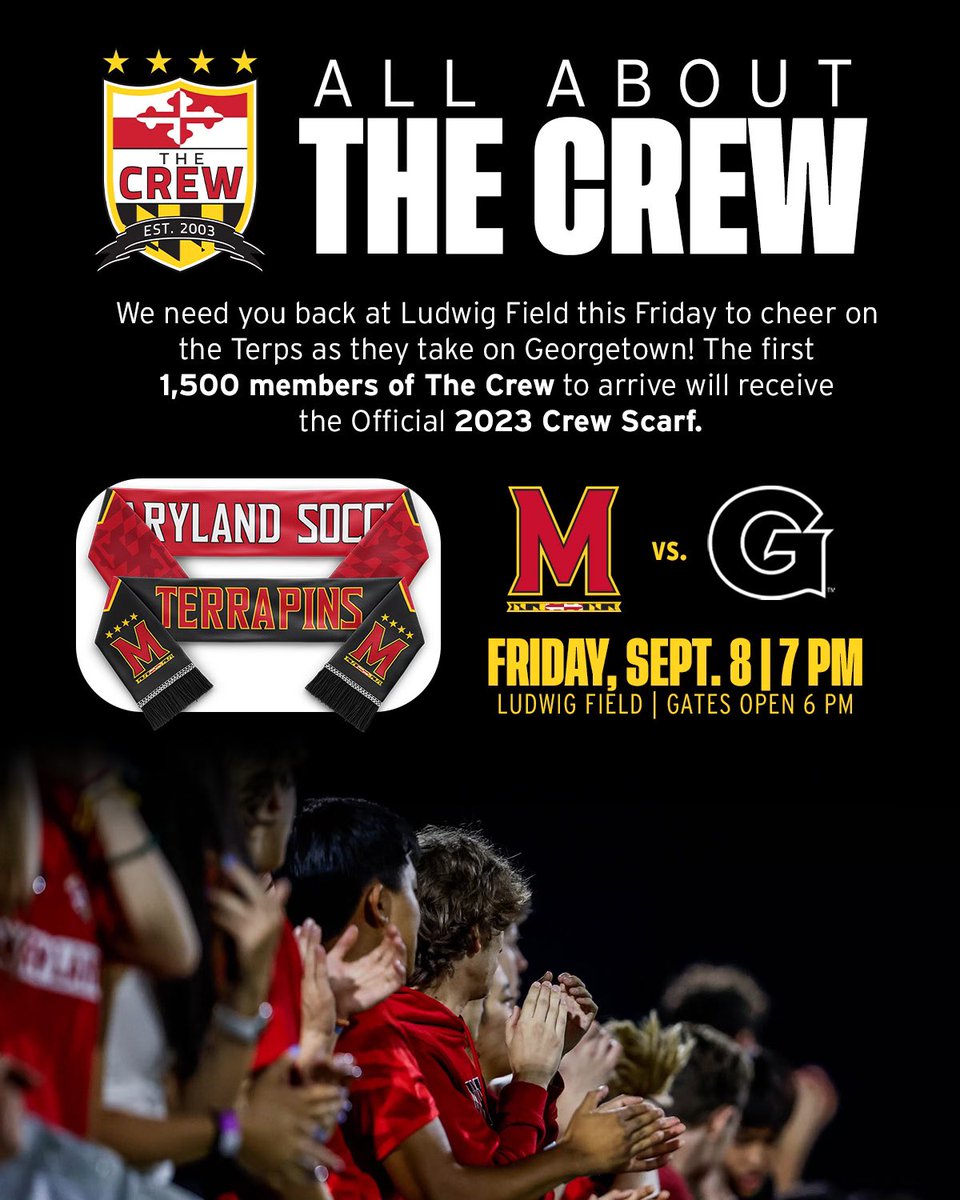 Raise them high! The 2023 @UMDcrew scarf will be given away Friday night! You must sign up to be eligible to get a scarf. ➡️ umterps.com/thecrew