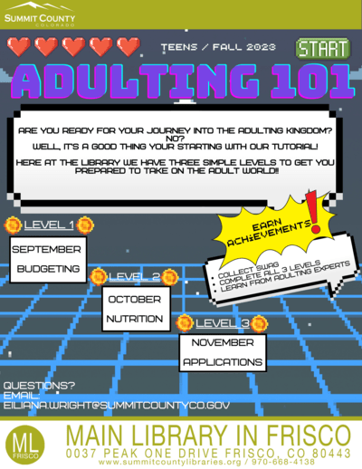 SummitCOEvents's tweet photo. Adulting 101 for Teens @ Main

Sept. 15th &amp; 28th from 4 – 5 p.m.

There are various things in life some of us just have to learn the hard way. How to budget, how to apply for an apt., how to cook a good meal or even what to get when you walk into a grocery store. #SummitEvents https://t.co/YbuAjQJygc