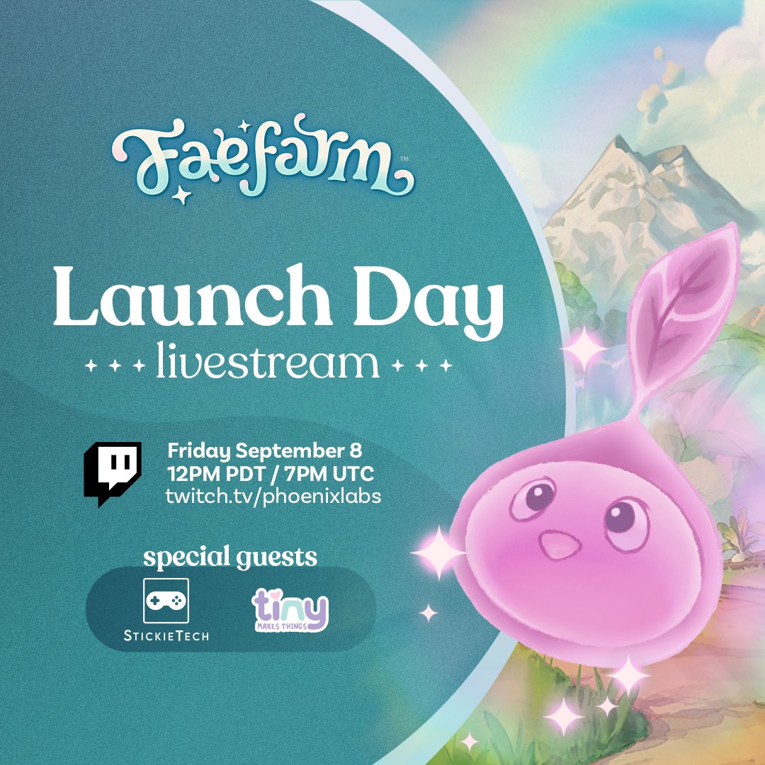 We're so excited to be launching  <a href="/FaeFarm/">Fae Farm✨</a> tomorrow! 🧚☺️

Make sure you're tuning in for a magical launch day livestream from 12PM PDT / 7PM UTC with special guests StickieTech and <a href="/tinymakesthings/">tiny</a>!

📺 twitch.tv/phoenixlabs