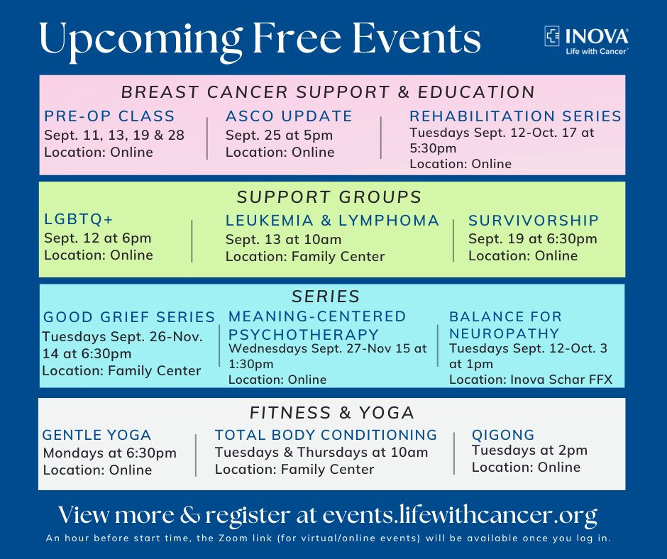 LifewithCancer's tweet image. View a few of our upcoming free @LifewithCancer classes and groups this month ⬇ and register today at events.lifewithcancer.org 📅

#lifewithcancer #CancerAwareness #CancerJourney #cancersurvivor #cancercommunity #yoga #breastcancer #BloodCancerAwarenessMonth #qigong