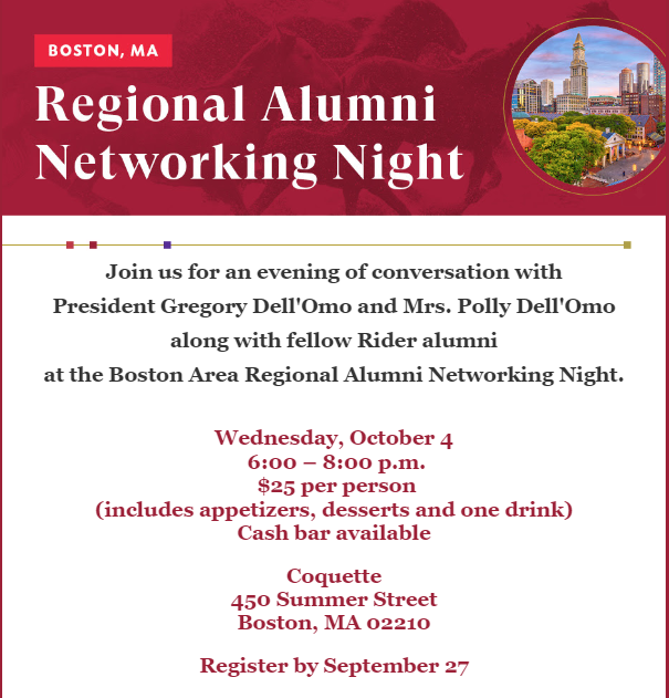 RiderUAlumni's tweet photo. Hi Broncs!! Join us at the Boston Area Regional Alumni Networking Event with President Dell'Omo Wednesday October 4th from 6-8pm. Details below!!

Here is the registration: https://t.co/38YFpcc3vS. https://t.co/H1yaVI3r4q