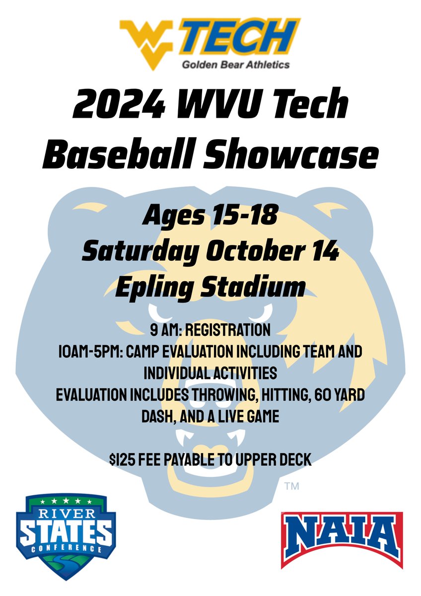 @WVUTechBase is hosting a Baseball Showcase at Linda K. Epling Stadium Saturday, October 14.