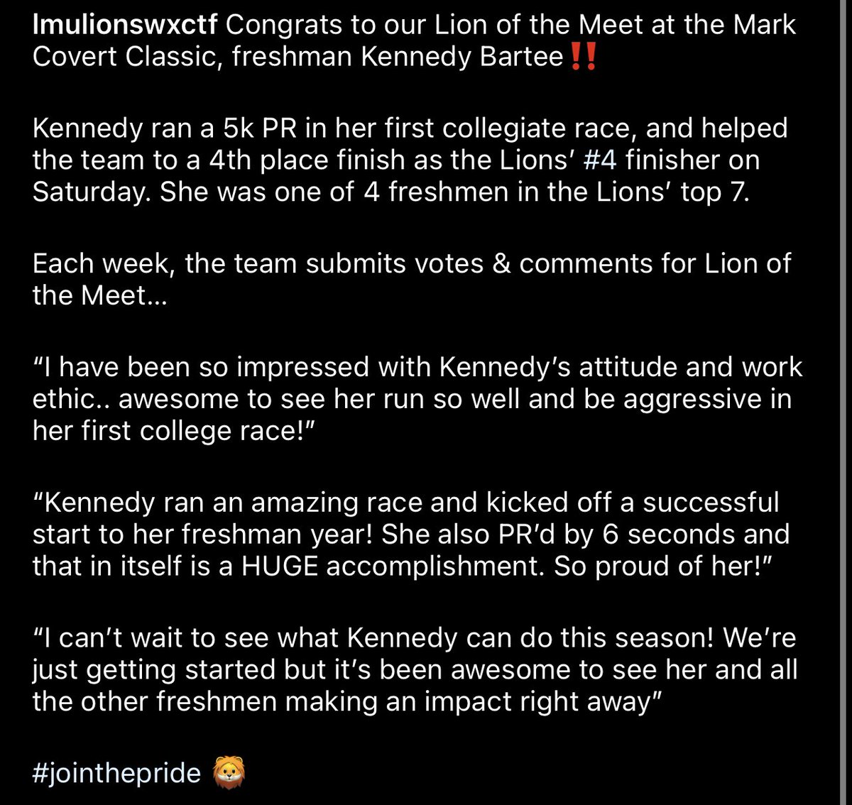 CoachBeckmannLH's tweet photo. Congrats to our #NextLevelLink @kennedy_225 on her stellar start to her collegiate running career! *Taken from Instagram* https://t.co/GkiQnfL3ou