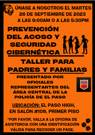 Parent and family workshop presented by EPDD on Sept. 26th, two times available.