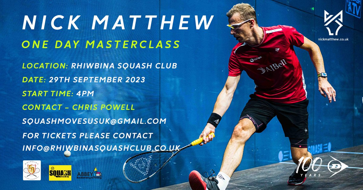 COME CELEBRATE RHIWBINA SQUASH'S 50 YEARS

It's with great excitement that we announce this event to be held at <a href="/SquashRhiwbina1/">Rhiwbina Squash Club</a>

The @NickMatthew will be offering a junior Coaching Masterclass followed by an exhibition match against a fellow <a href="/DunlopSquash/">Dunlop Squash</a> professional.