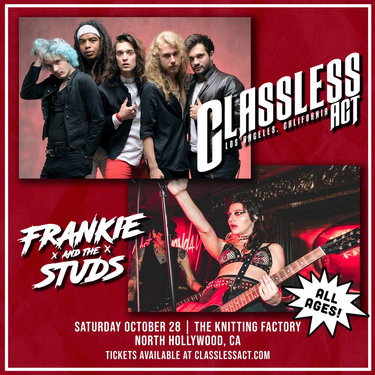ClasslessActLA's tweet photo. Los Angeles!!! It’s about time we play another proper show 🙌 We’ve got the incredible @frankieandthestuds joining us on October 28 at @knittingfactorynoho. All ages! See you there ❤️🔥 #classlessact #frankieandthestuds
Tix: https://t.co/szhBZ30gI1 https://t.co/q2qNYKZKGd
