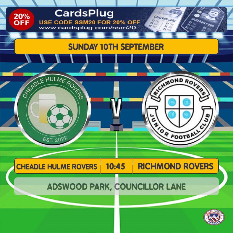 Next up! 

Cheadle Hulme Rovers at Adswood Park, as we look for our first win this season. 

10:45am kick off. <a href="/Richmond_Rovers/">Richmond Rovers FC</a>