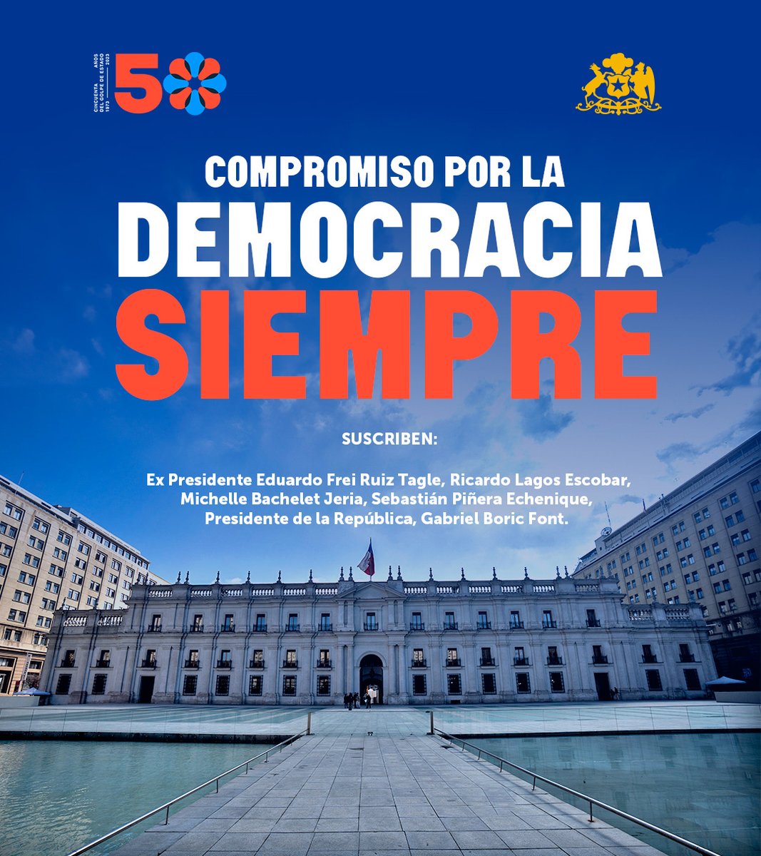 Archivo20222026's tweet photo. 🇨🇱 Ex Presidentes de la República Eduardo Frei Ruiz-Tagle, Ricardo lagos Escobar, Michelle Bachelet Jeria, Sebastián Piñera Echenique y el Presidente @GabrielBoric, suscriben compromiso #DemocraciaSiempre https://t.co/SN3rAt0uXb