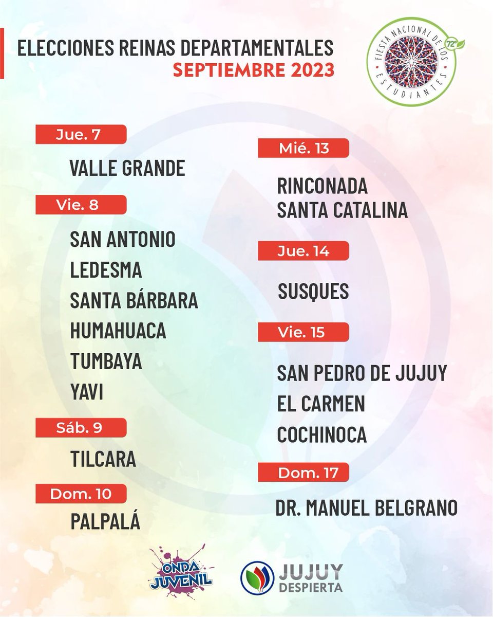 justin_chaile's tweet photo. #FNE2023 👑 Elecciones Reinas Departamentales

Te presentamos el cronograma de las elecciones que se concretarán en la Provincia de Jujuy

16 departamentos eligen a su representante 💐

#OndaJuvenil #JujuyDespierta #Jujuy #Estudiantes #JuntosEnJujuy https://t.co/z787ybwKrg