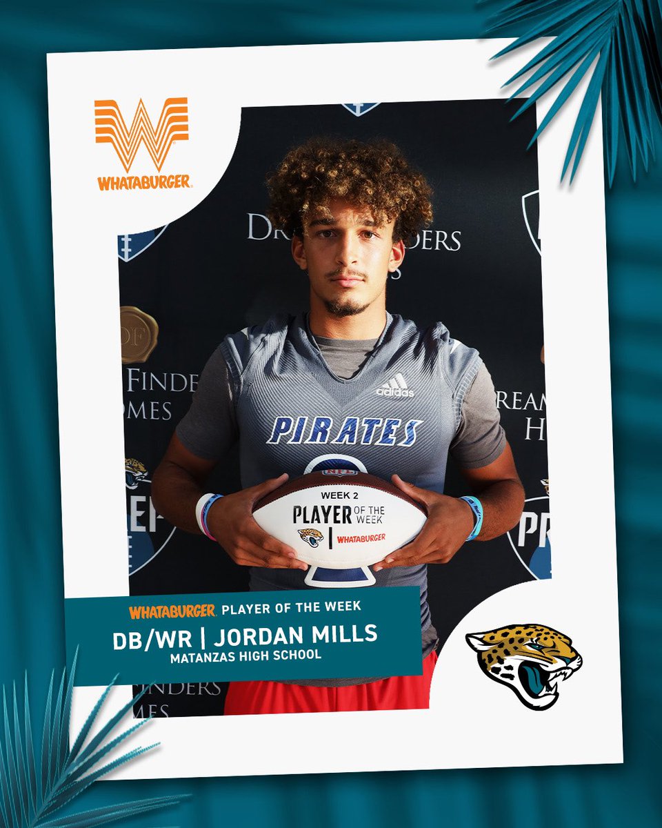 The <a href="/Whataburger/">Whataburger®</a> Player of the Week for Week 2 is Jordan Mills.

As a DB he had 1 fumble recovery, 1 interception and 1 defensive touchdown, 7 tackles and 2 TFL’s. 💪

<a href="/Whataburger/">Whataburger®</a> | <a href="/Jaguars/">Jacksonville Jaguars</a>