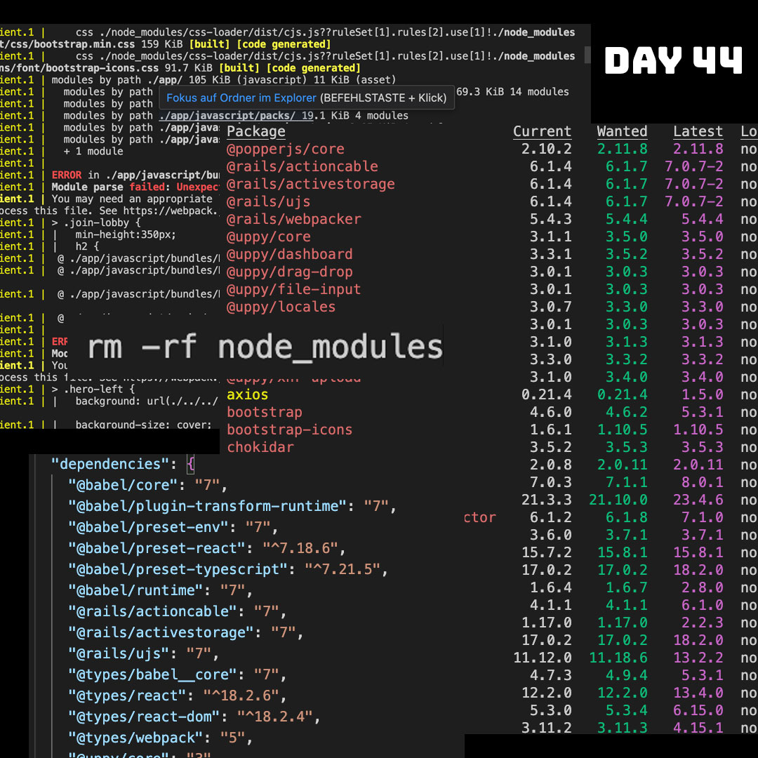 code_206's tweet image. 🌀 Day 44 #100DaysOfCode
Spent the day tackling the beast that is packages.json. 😅
From npm outdated to rm -rf node_modules, it's been a roller coaster. 🎢
Ran into loader errors but triumphed in the end. 🎉
Now running #ReactOnRails 13.4.0 & #shakapacker seamlessly!