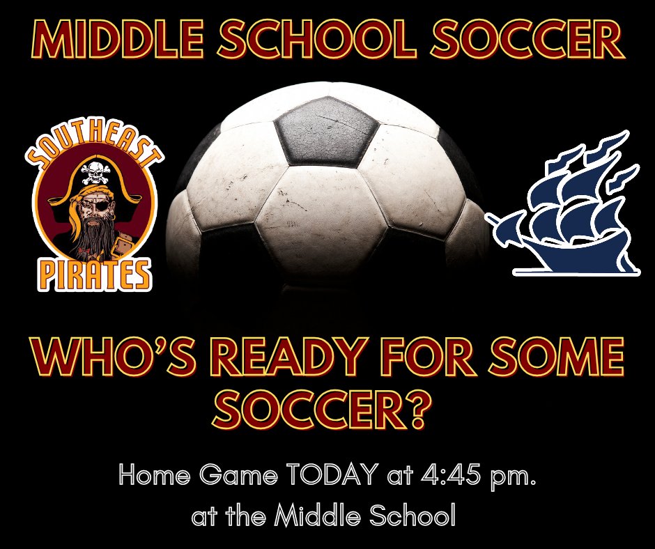 Brenda_Mae3's tweet photo. Come cheer on our Middle School Soccer Team as we face the Hudson Explorers!! Game time is 4:45 pm at SE Middle School. See you there! Go Pirates! https://t.co/xJ3ZrYSJvP