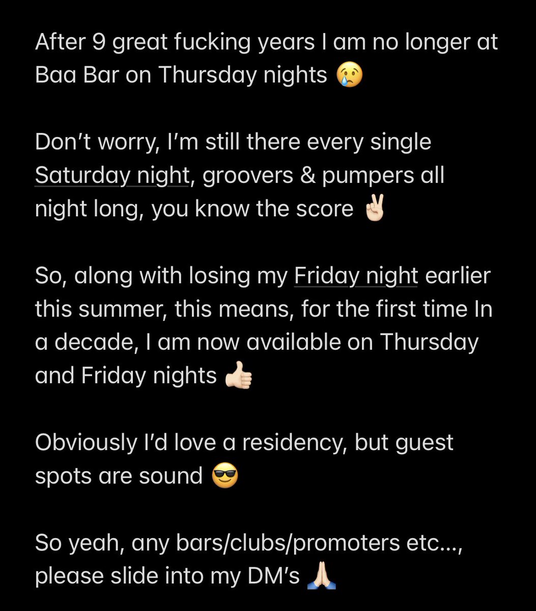 MattHibbert's tweet photo. Some news, I don’t really post much about my work or music on here anymore, any help is much appreciated.

Anyone planning a private party, let’s talk 👍🏻 https://t.co/qqxp7f7wdi