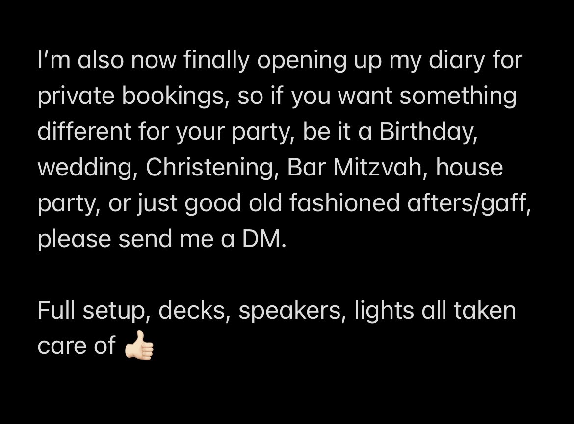 MattHibbert's tweet photo. Some news, I don’t really post much about my work or music on here anymore, any help is much appreciated.

Anyone planning a private party, let’s talk 👍🏻 https://t.co/qqxp7f7wdi