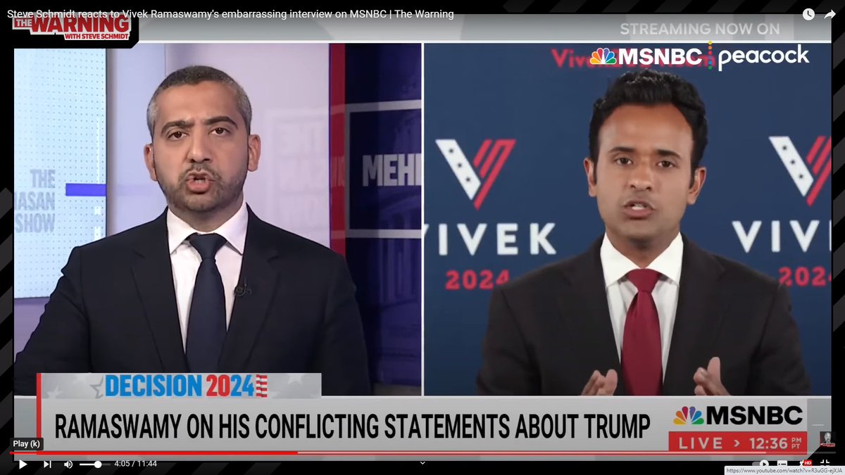 TimGluckman's tweet image. 1366/x US politics:  @SteveSchmidtSES also praises @MehdiHasanShow re interview of #Vivek. (BTW SES uses word '#blusters' too). Steve knocks @washingtonpost whose masthead trumpets '#Democracy dies in #darkness'. Why? Bc in US its dying in full view youtube.com/watch?v=f1c_gH…