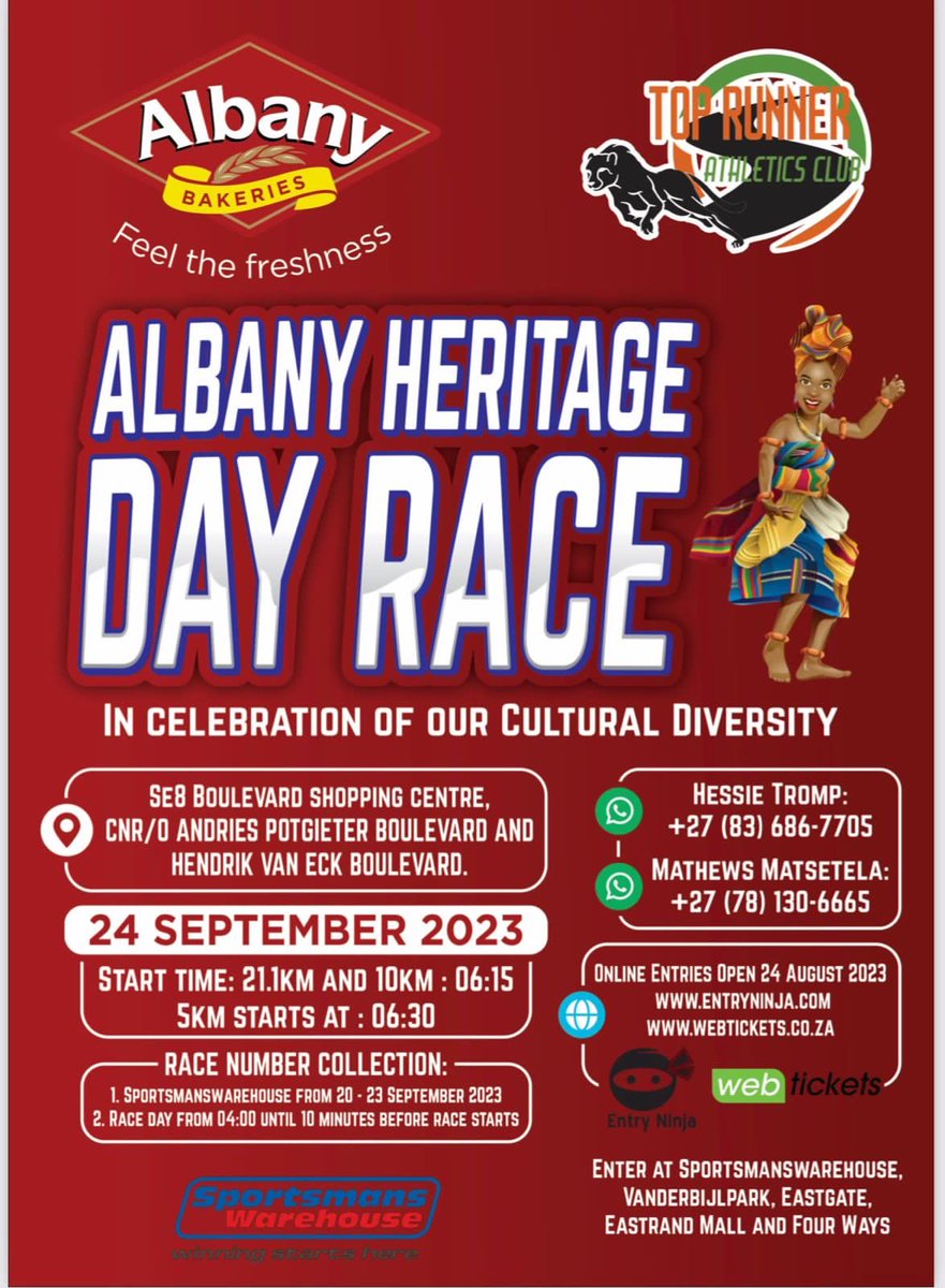 Top Runners Athletic Club (@runnerstop) on Twitter photo Entries to the Albany Heritage Day Race are open on <a href="/entryninja/">Entry Ninja</a> & <a href="/webticketsSA/">webtickets.co.za</a>. Book your spot now already to avoid disappointment!!!! #TogetherWeGoTheDistance 💚 Entries to the Albany Heritage Day Race are open on <a href="/entryninja/">Entry Ninja</a> & <a href="/webticketsSA/">webtickets.co.za</a>. Book your spot now already to avoid disappointment!!!! #TogetherWeGoTheDistance 💚