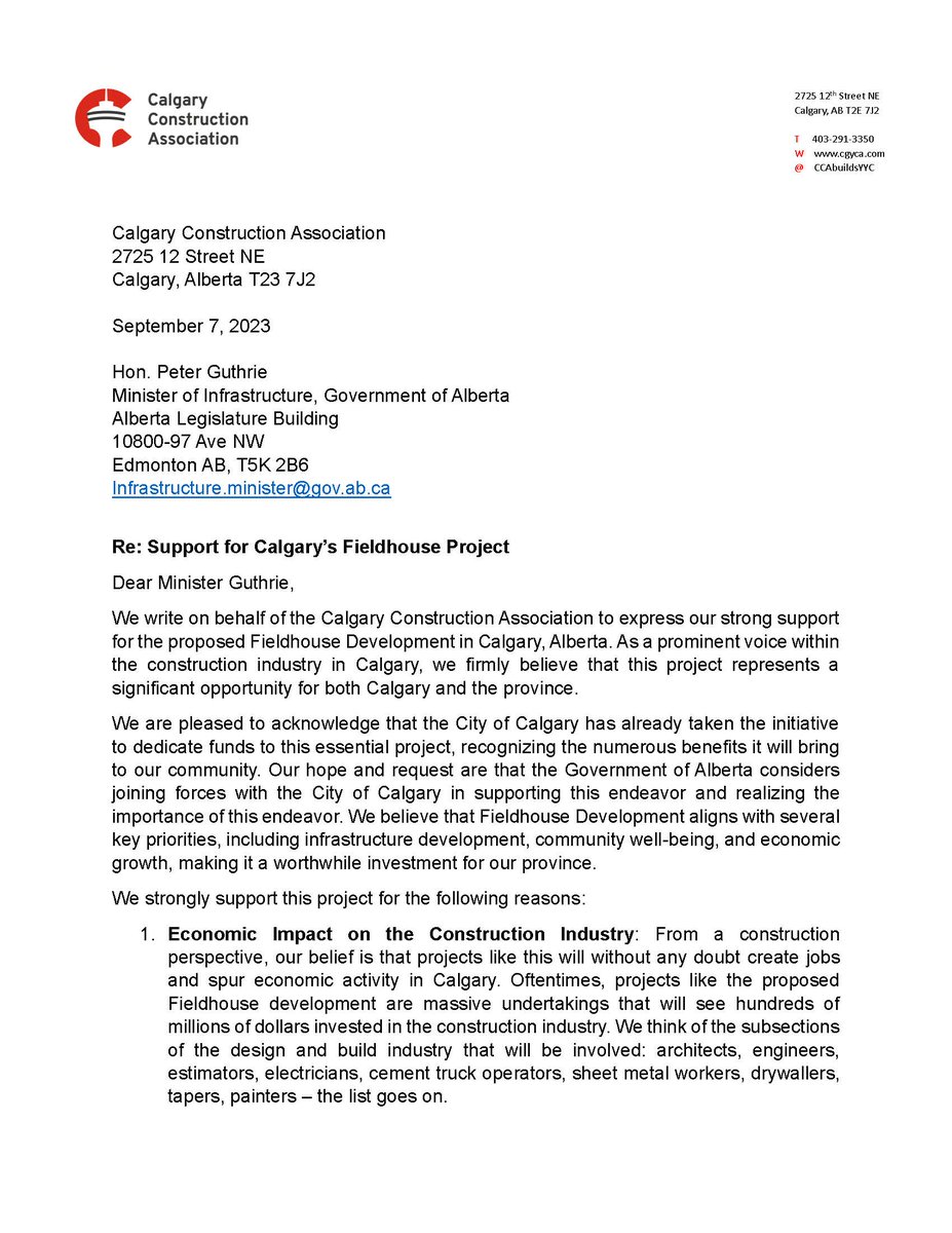 CCAbuildsYYC's tweet photo. Calgary Construction Association Pens Letter of Support for Calgary Fieldhouse Project, Calls for Provincial Funding and Involvement

"We firmly believe that the project represents a significant opportunity for both Calgary and the Province." #yyccc #Ableg #Calgary #Construction https://t.co/xSCvDM3mSj