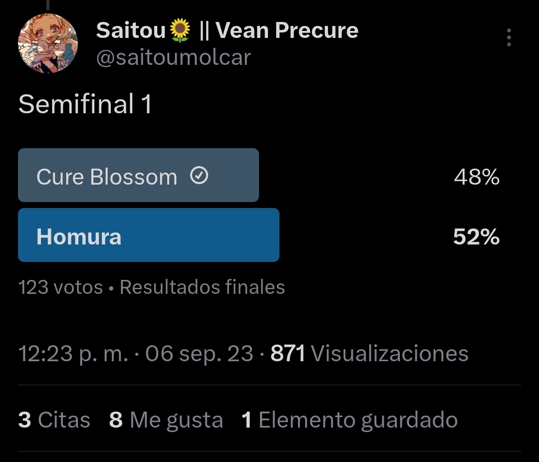 FredericoTodos's tweet photo. Perdió una de mis nenas mágicas favoritas 😭... Felicidades Julio por la victoria de Homura, le atinaste 👏
#Precure #HeartCatch #Tsubomi #MadokaMagica #Homura #Anime #Torneo https://t.co/iQBcaObtRE