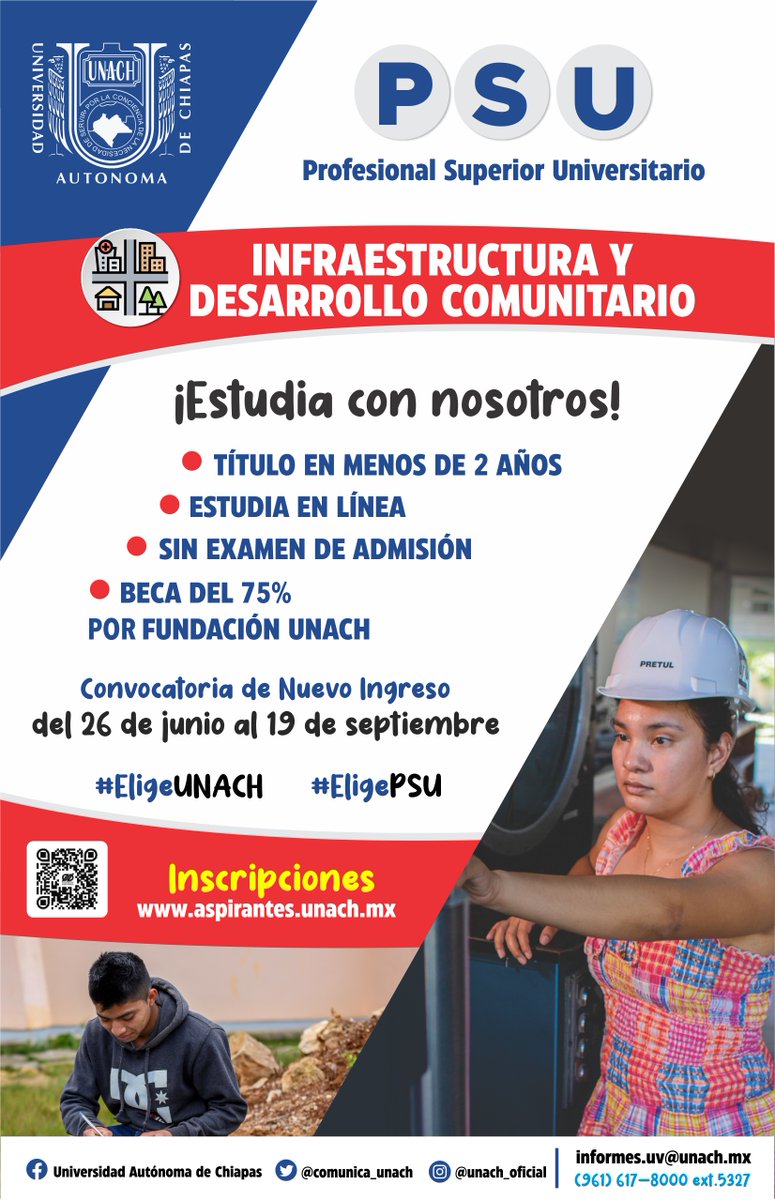 Al egresar de este #PSU tendrás las habilidades para desempeñarte local o regionalmente en distintas dependencias oficiales relacionadas con el sector de la construcción.
¡Culmina tus estudios en menos de 2 años!
Inscríbete en aspirantes.unach.mx
#EligeUNACH #EligePSU
