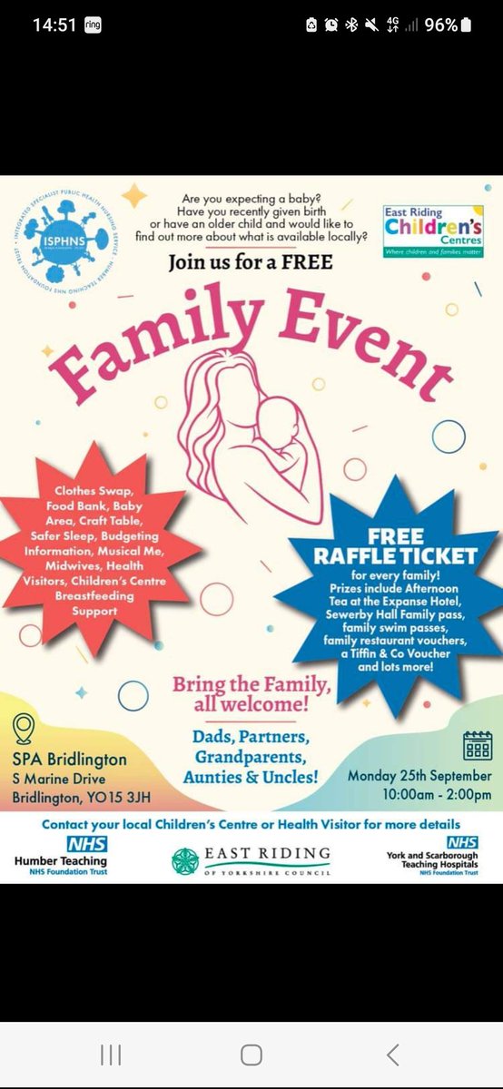 Are you expecting a baby or have recently given birth? Do you have children and want to find out more about what is available locally? We’d love to meet you at our Family Event being held at Bridlington Spa on the 25th September between 10am - 2pm 😊 @eastridingchildrens