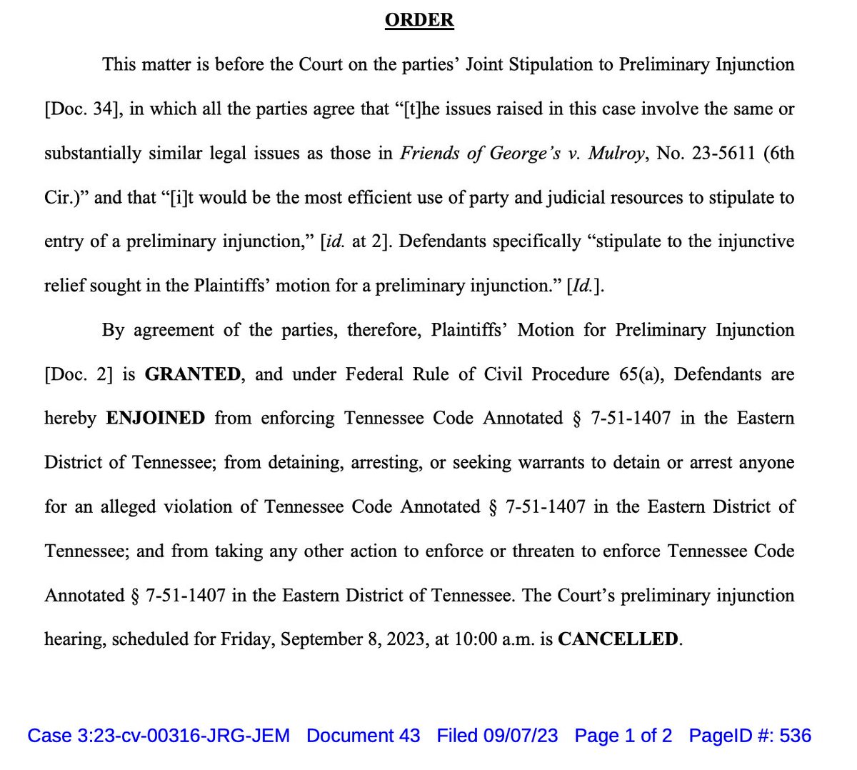 NEWS: Fed'l judge in Tenn. grants preliminary injunction against enforcement of the anti-drag law in the Blount Pride case, upon agreement of the parties. Injunction will be in place at least until the 6th Circuit rules on the Friends of Georges appeal. storage.courtlistener.com/recap/gov.usco…