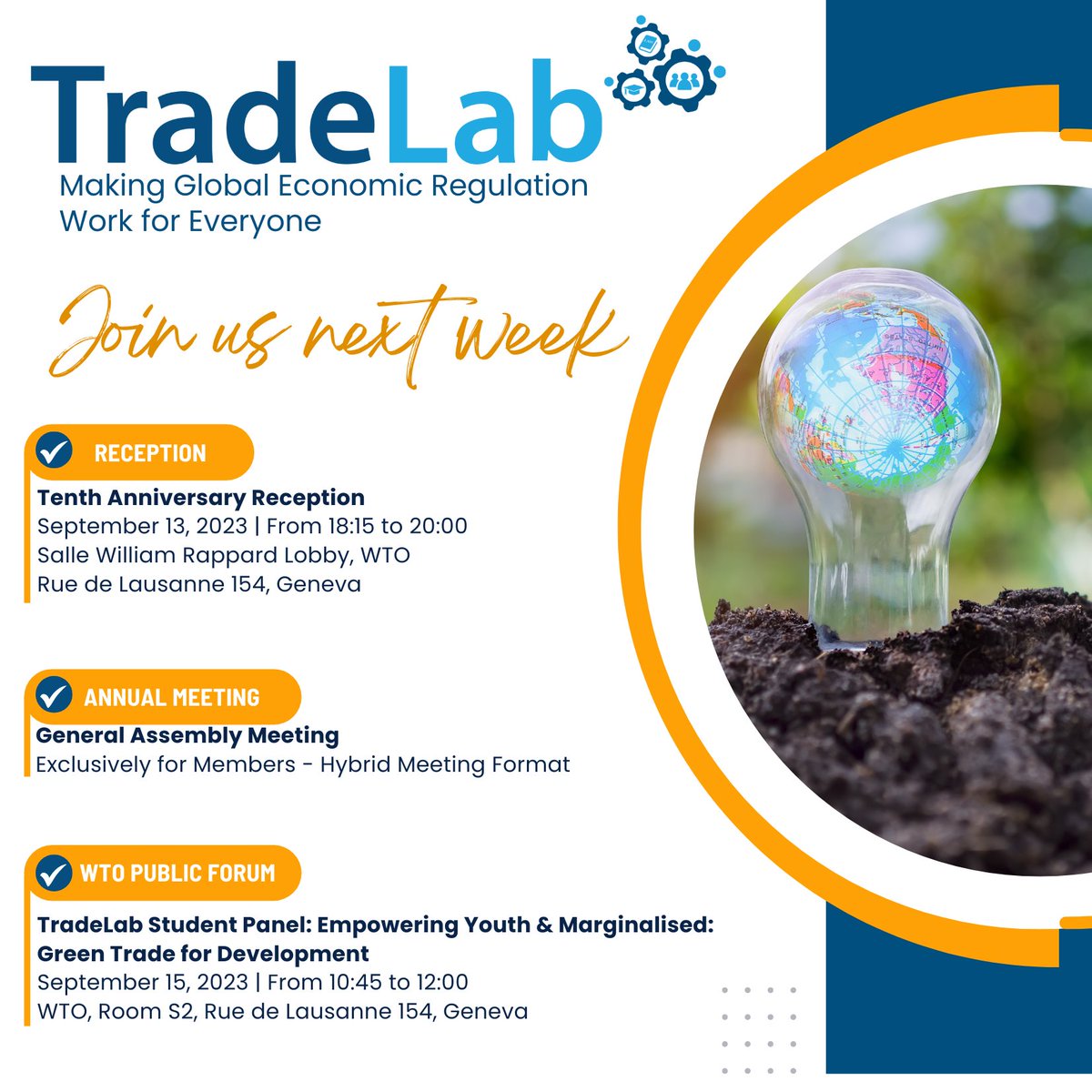 🎉 Join us for TradeLab's 10th Anniversary Reception on Sep 13, General Assembly Meeting on Sep 14, and the Student Panel on Sep 15! 🌍 Let's celebrate a decade of transformation and empower youth for green trade development.📆 <a href="/_CTEI/">CTEI</a> <a href="/CitdGeorgetown/">CITDGeorgetown</a> #WTOPublicForum