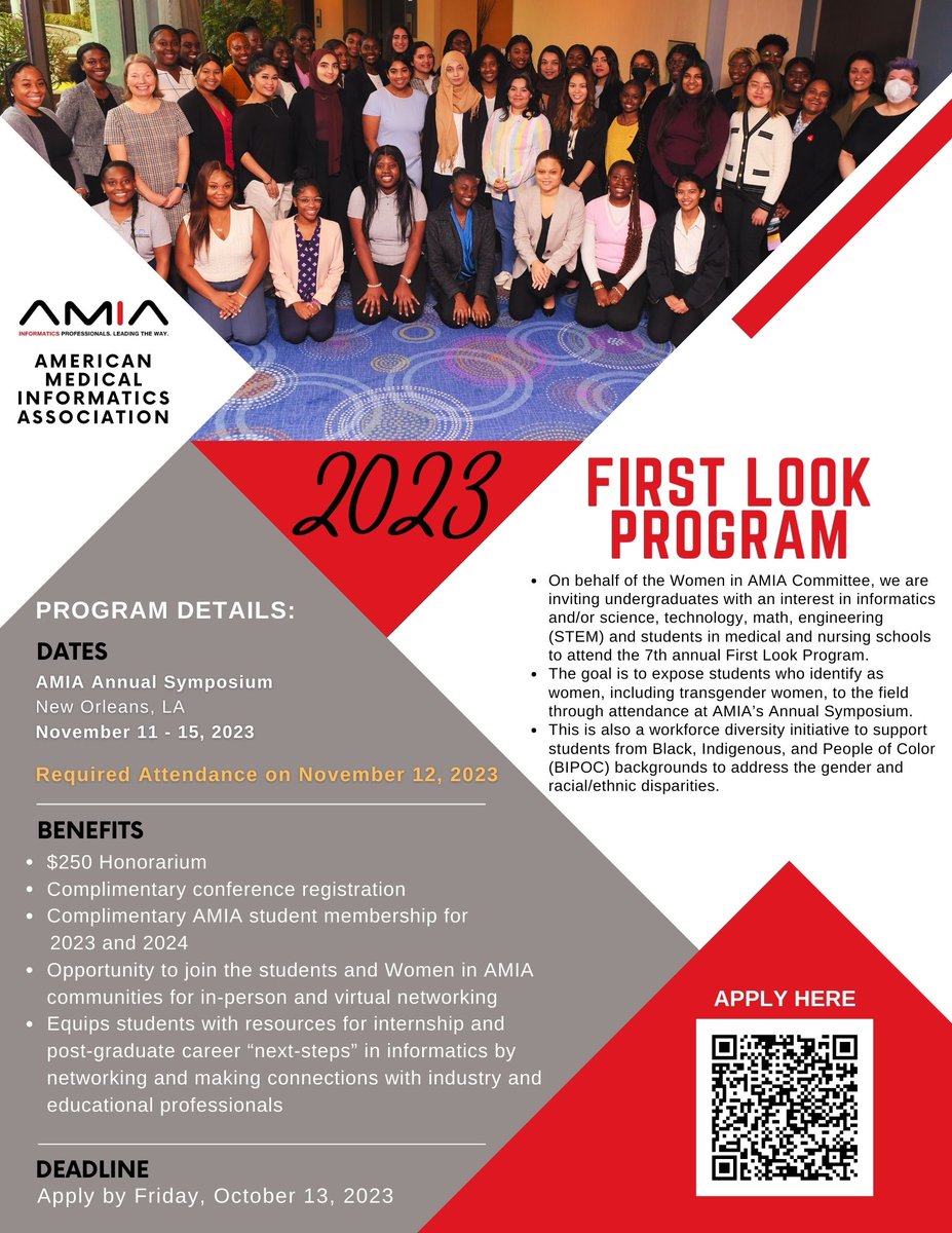 The 7th Annual <a href="/AMIAinformatics/">AMIA</a> First Look Program applications are now open! Apply by October 13 -&gt; lnkd.in/eX5eWhYB.

Please share with your networks! #WomeninAMIA @TelementalHlth <a href="/kimunertlphd/">Dr. Kim Unertl</a> <a href="/amiastwg/">AMIA Student WG</a> <a href="/amianiwg/">AMIA Nursing Informatics Working Group (NIWG)</a> <a href="/ACIFellows/">ACIF</a>