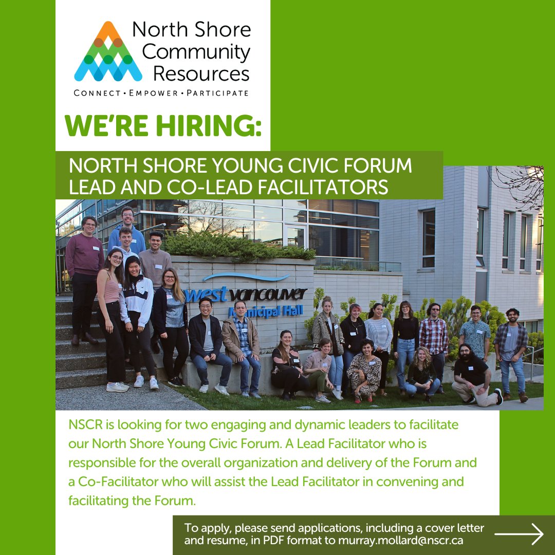 NSCR is looking for two dynamic leaders to facilitate our North Shore Young Civic Forum. bit.ly/3r6JyEU.

#hiring #jobs #jobsearch #job #nowhiring #recruiting #employment #careers #hiringnow #jobseekers #jobopening #jobhunt #jobseeker #applynow #jobvacancy #YVRJobs