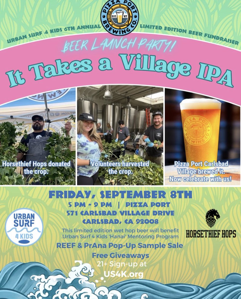 Join us this Friday at 5 pm at @pizzaportCbad for the It Takes A Village Release Party. Savor mouth-watering specials from Julian BBQ will be available during the party. A portion of the event's proceeds will be channeled back to support the amazing work done by @urbansurf4kids.