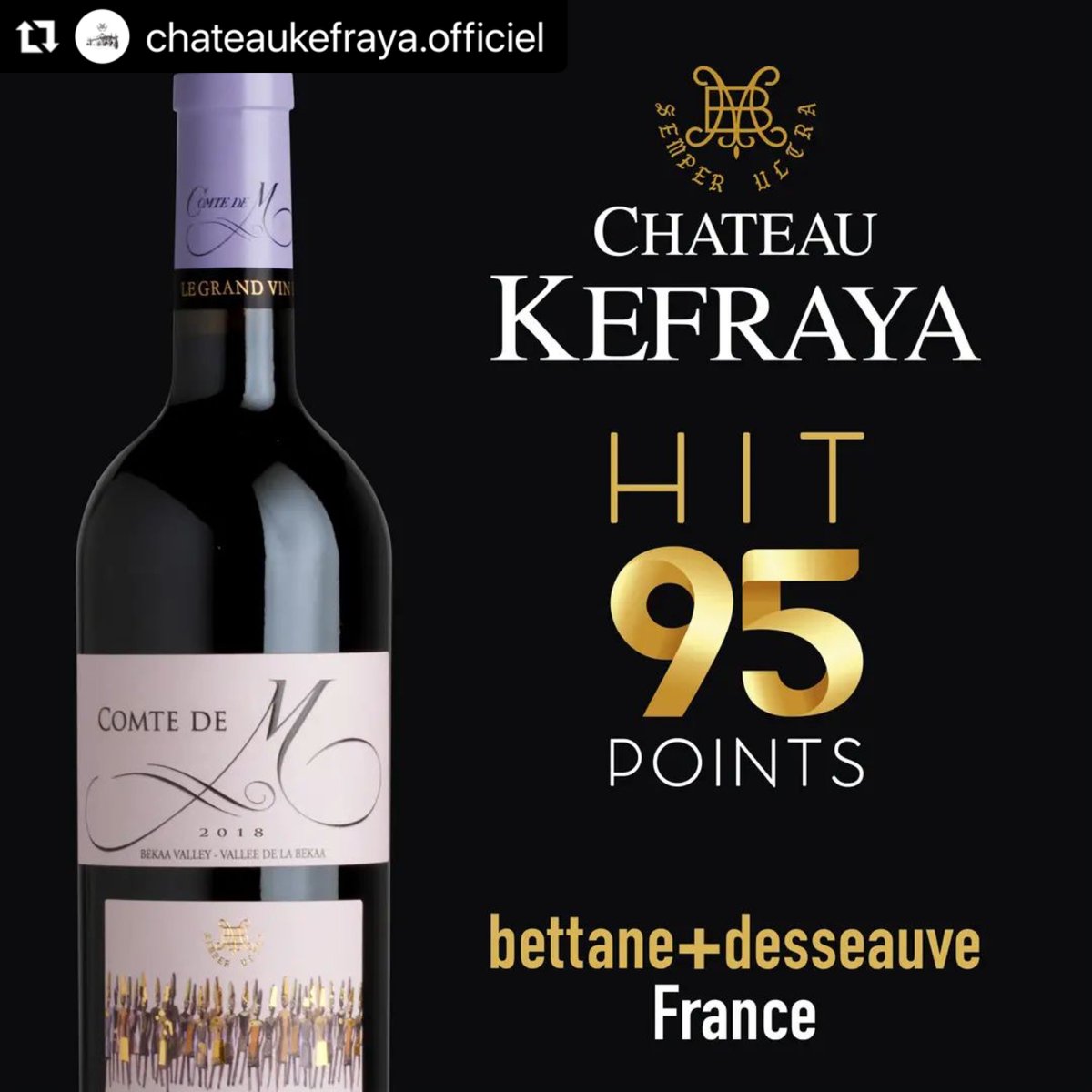 Sabustros's tweet image. Congrats to our Comte de M 2018 ! ✨🍷

Awarded by the famous French Wine critics @bettanedesseauve with a historical 95 points only given to the best fine wines around the world 🏆

#ComtedeM #Vintage2018 #95points #ChateauKefraya
#Wine #Lebanon #LebanonWines #winelovers #Wines