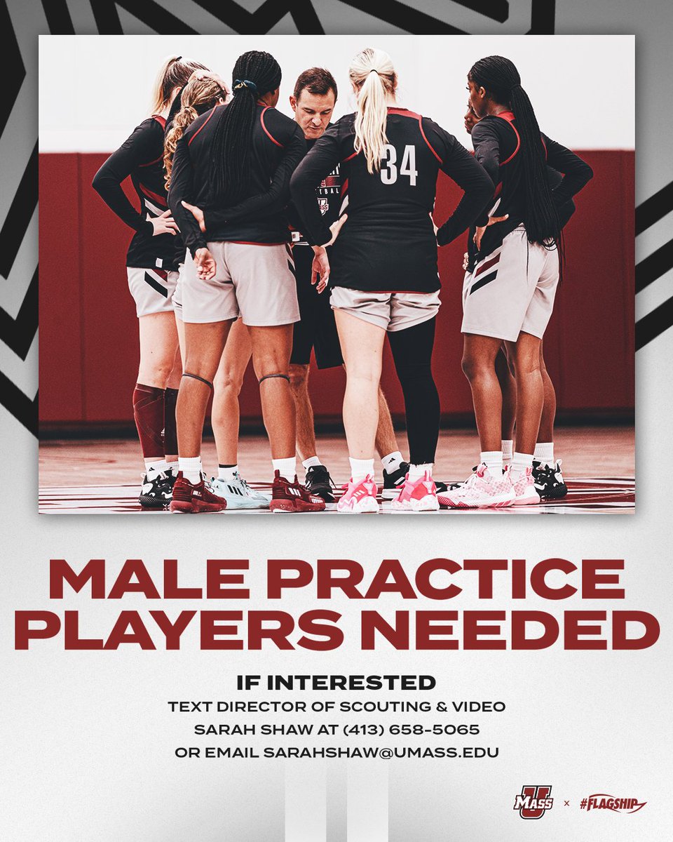 UMassWBB's tweet photo. Looking for male practice players 🗣

If interested, contact Director of Scouting &amp; Video Sarah Shaw.

#Flagship 🚩 https://t.co/Yt2QXzXxFY