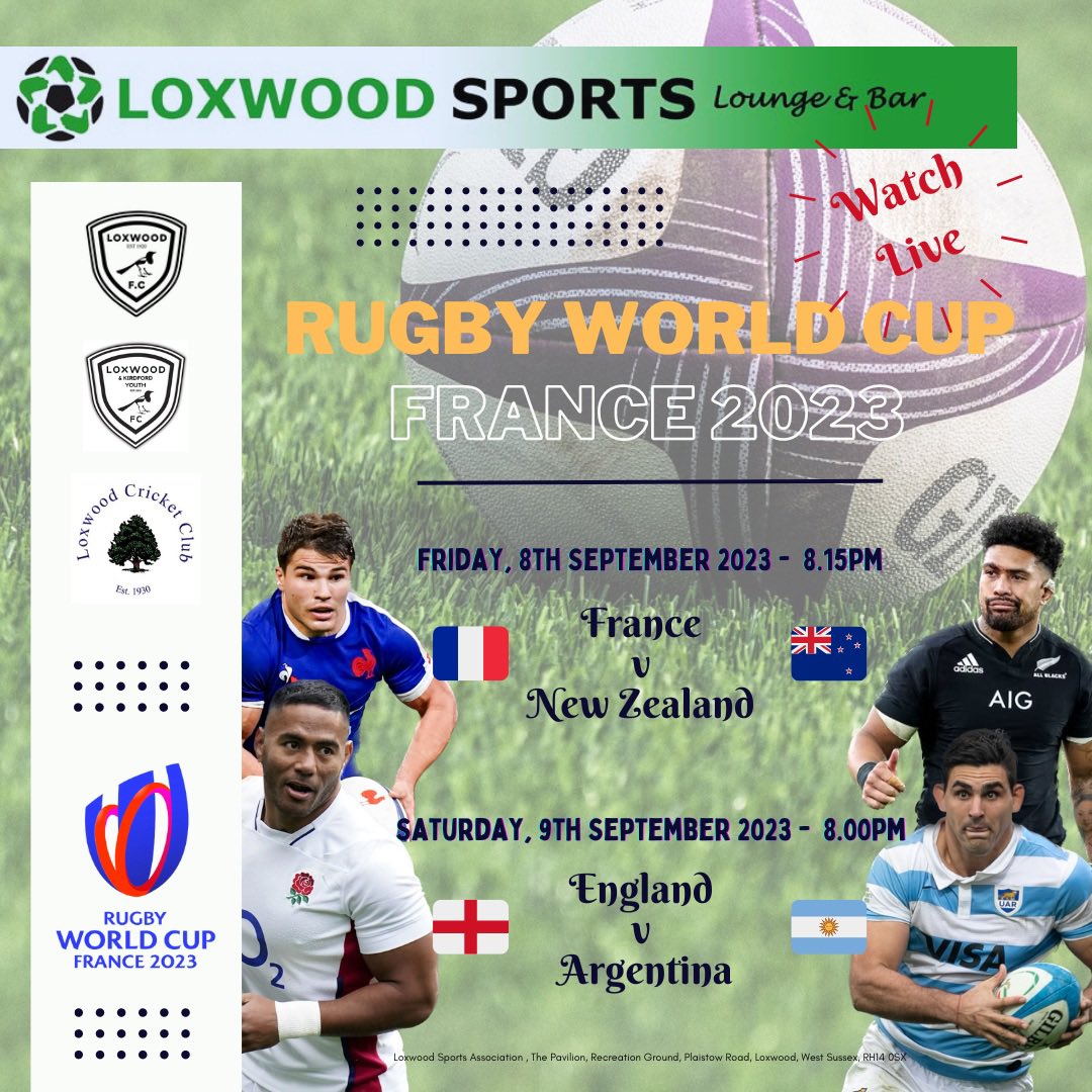 The <a href="/rugbyworldcup/">Rugby World Cup</a> will be on the big screen at <a href="/loxwoodsports/">Loxwood Sports</a> this Friday and Saturday evening. Why not pop down? 

Even better, come and watch @loxwoodfc play at Home before at 3pm and then watch the rugby. Full day of great sport! 

#loxwood #westsussex #cricket