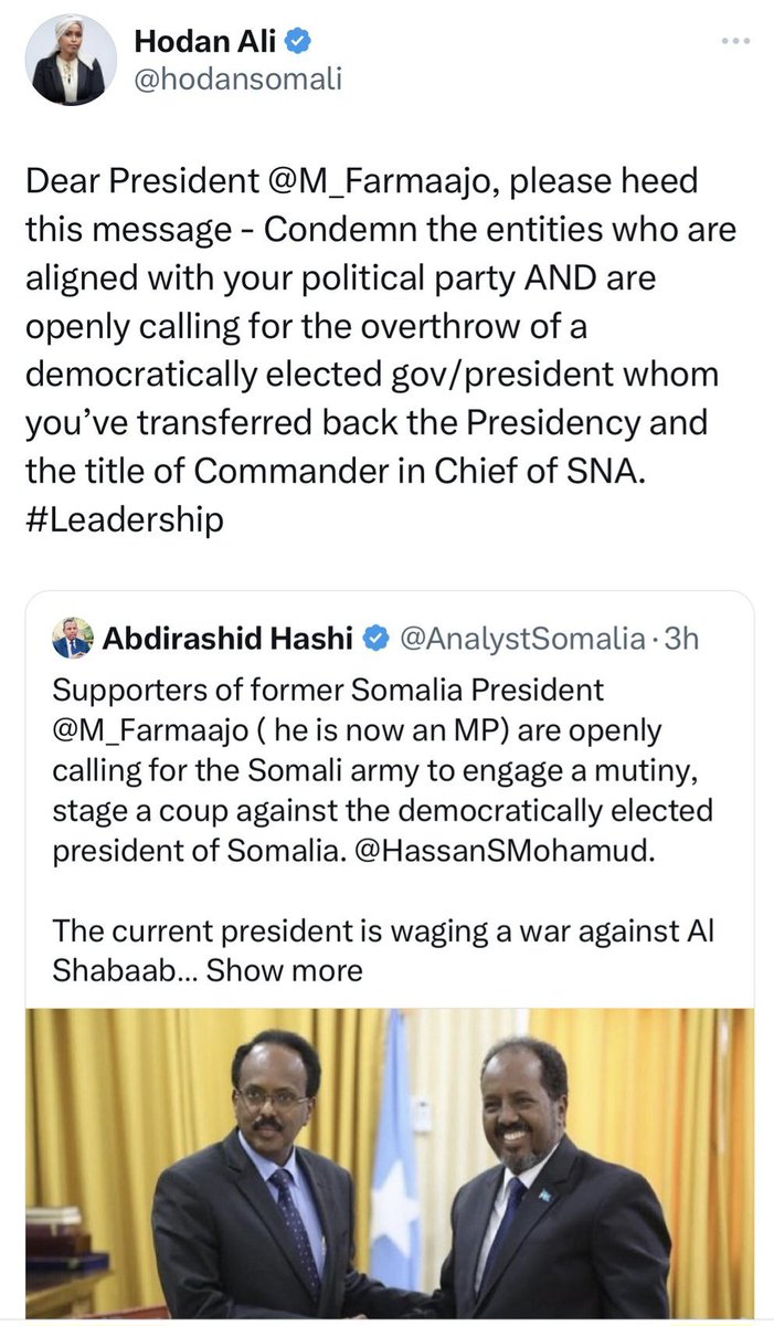 Warprofiteers who insulted Farmaajo for almost 6 years cannot take 1% of the bile they dished out.

We applied just a little cord on their necks & now they are running helter-skelter, pleading with him to restrain ordinary Somalis critiquing the traitorous thieves in the gov't...