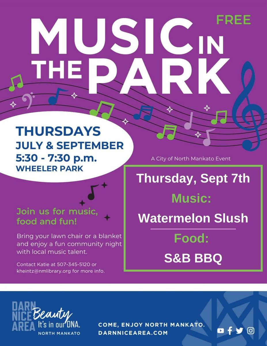 See you tonight for the first Music in the Park of September! Music by The Watermelon Slush and food from S&amp;B BBQ!