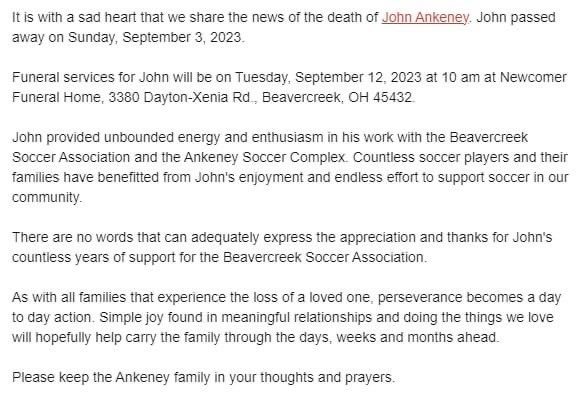 bcrkvarboysoccr's tweet photo. John Ankeney, Founding Father of Beavercreek Soccer, passed away on Sunday, September 3, 2023.

https://t.co/ewkcy0bzoJ

Thank you John for all you have done for The Beavercreek Soccer Community and thousands of soccer players that have played at the John Ankeney Soccer Complex. https://t.co/svX6d7SeXN