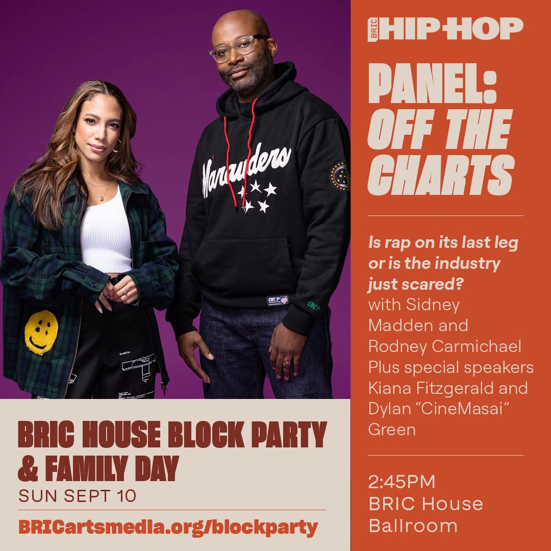 As part of BRIC House Block Party & Family Day this Sunday, join us for an insightful, fun and authentic conversation led by @Sid_Madden and @rodneyology of @NPR’s @LouderthanaRiot about the future of hip-hop.

Learn more, RSVP, and see the full schedule: bit.ly/3OgLS3y