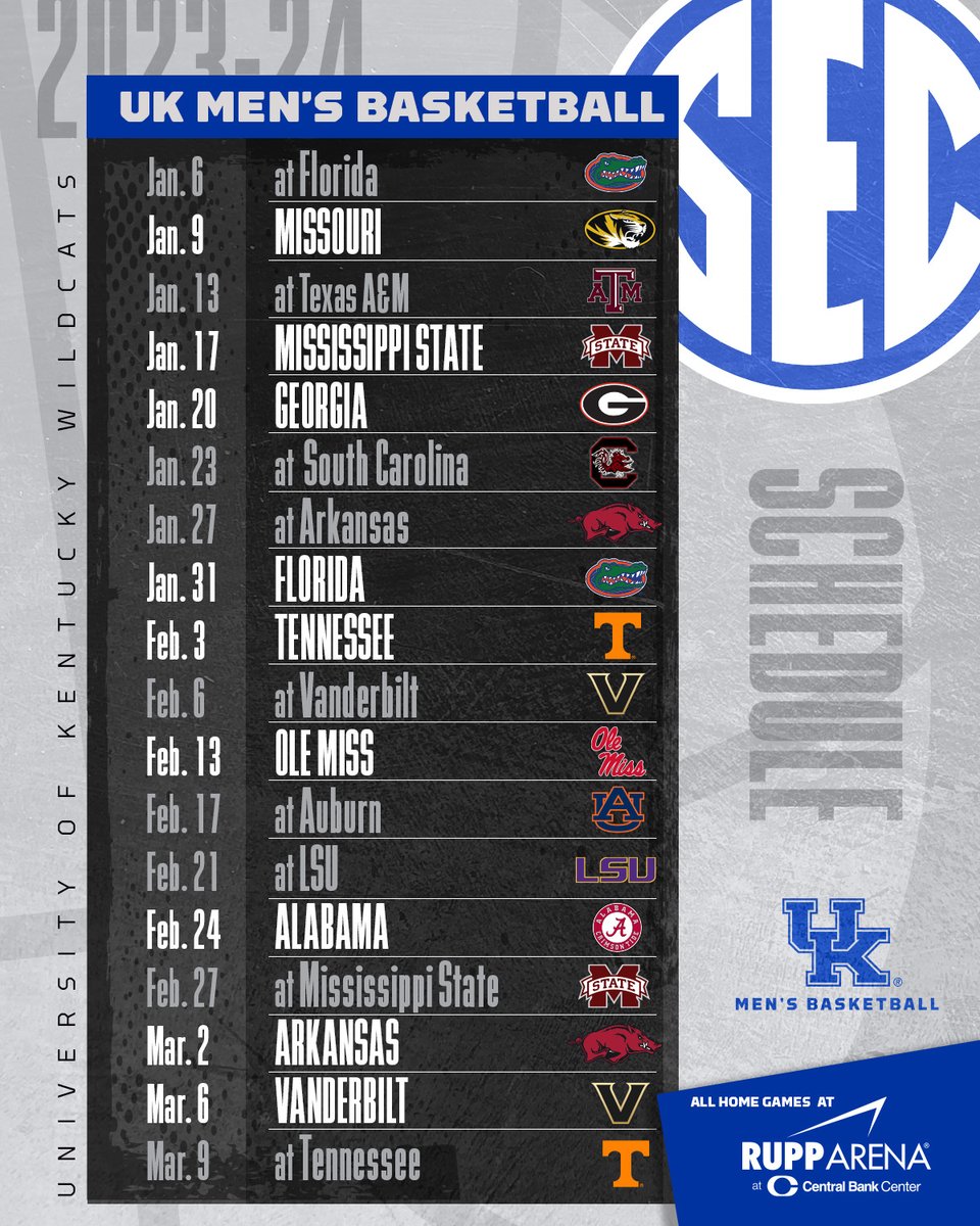 KentuckyMBB's tweet photo. Officially official.  Our 2023-24 @SEC schedule ⬇️

📰🔗https://t.co/pNhP2kOi7d https://t.co/GzKoKoPn5I
