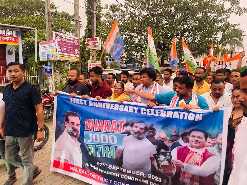 INCAssam's tweet photo. One year completion of #BharatJodoYatra celebrated at Nalbari led by Chairman, Minority Department, APCC @Salmankhaninc  dangoria along with DCC President @PatowaryRatul Ji, office bearers of PCC, DCC, Mondal, Booth, Cells &amp; Departments. 
#BharatJodoYatraContinues https://t.co/MF7ybURBWM