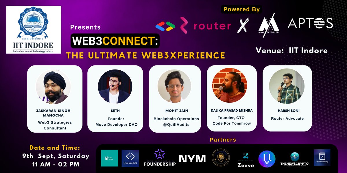 📣 Thrilled to kickoff the “Indore Blockchain Days” with @IITIOfficial on 9th September with @routerprotocol @kudomoney & others !! Excited to introduce @Aptos_Network and #MoveLang to the students in Indore and kickstart their #Web3 journey 👨‍💻.