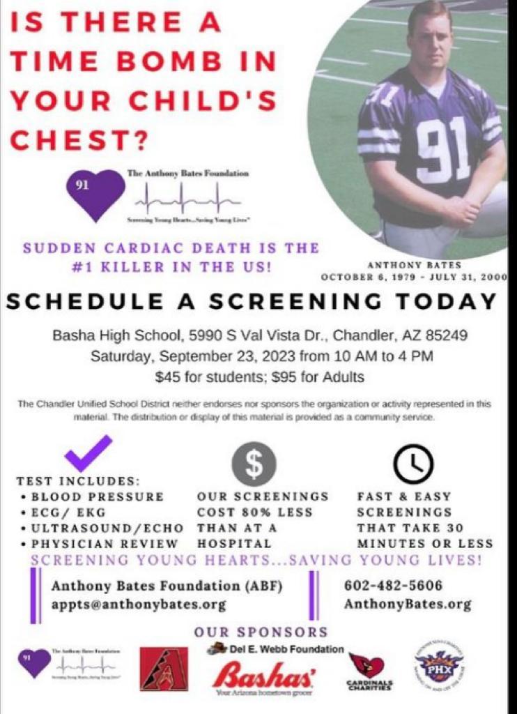 Save the date. On Saturday Sept. 23, 2023, Basha High will be hosting the HOSA chapter health screening event.   Please spread the word and Sign up today! Please see the flier for more information. #WeAreChandlerUnified