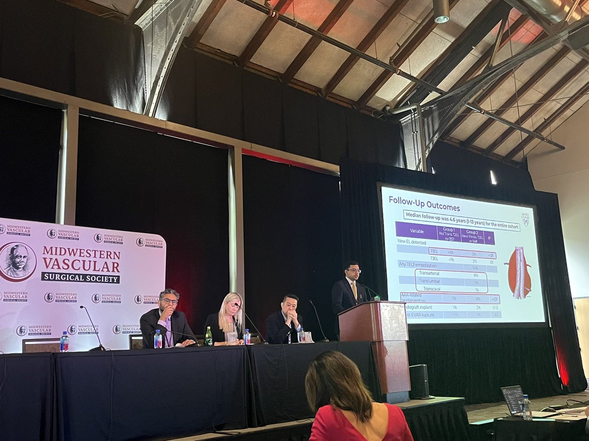 NCP_MD's tweet photo. Midwestern Vascular Surgical Society opens with @scifuentes_md, @MayoVascSurgery research fellow and @FutureVascSurgn applying soon, showing midterm fate of persistent T2EL! Great start to @MWVSSociety #MVSS2023 @randydemartino https://t.co/yBvSLvc66R