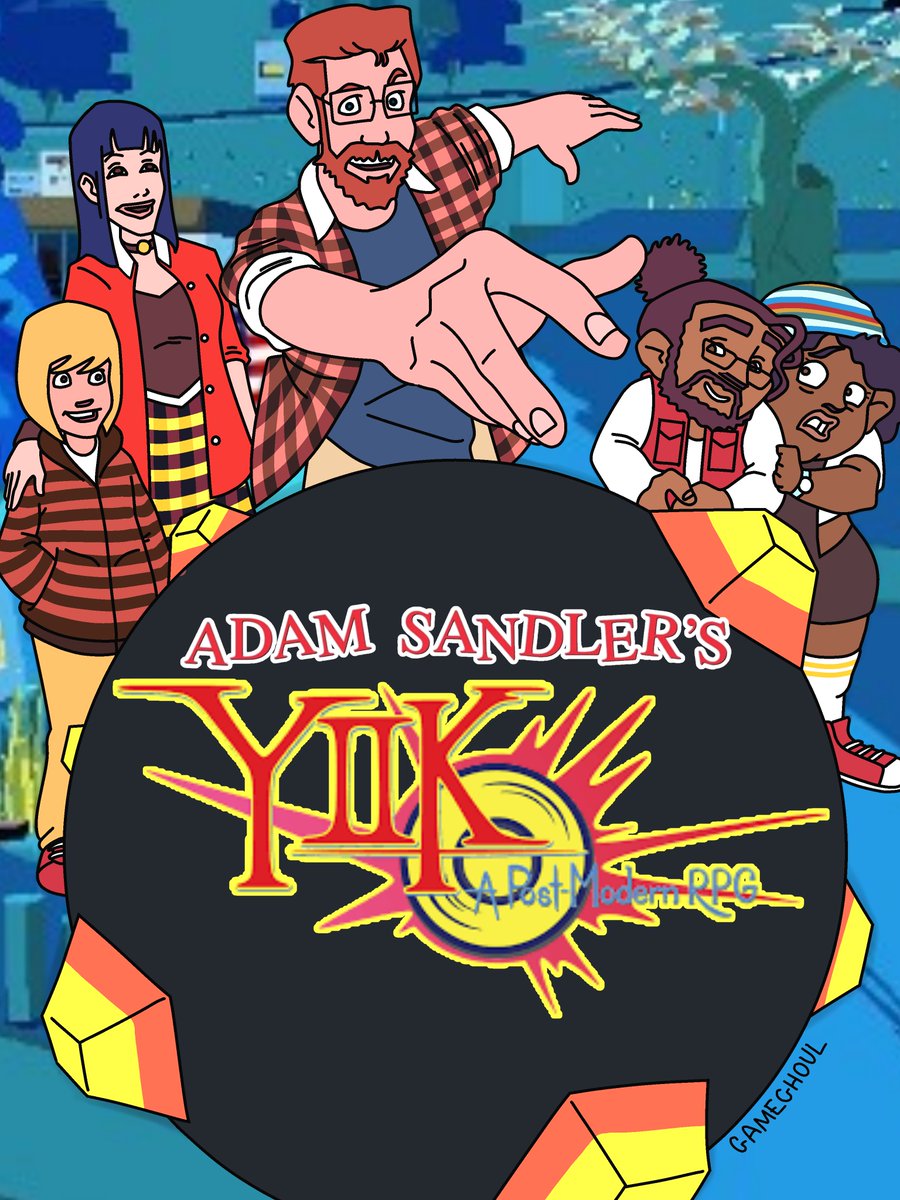 A trace of the poster for Adam Sandler's Eight Crazy Nights, with the primary cast replaced by characters from YIIK A Post-Modern RPG.