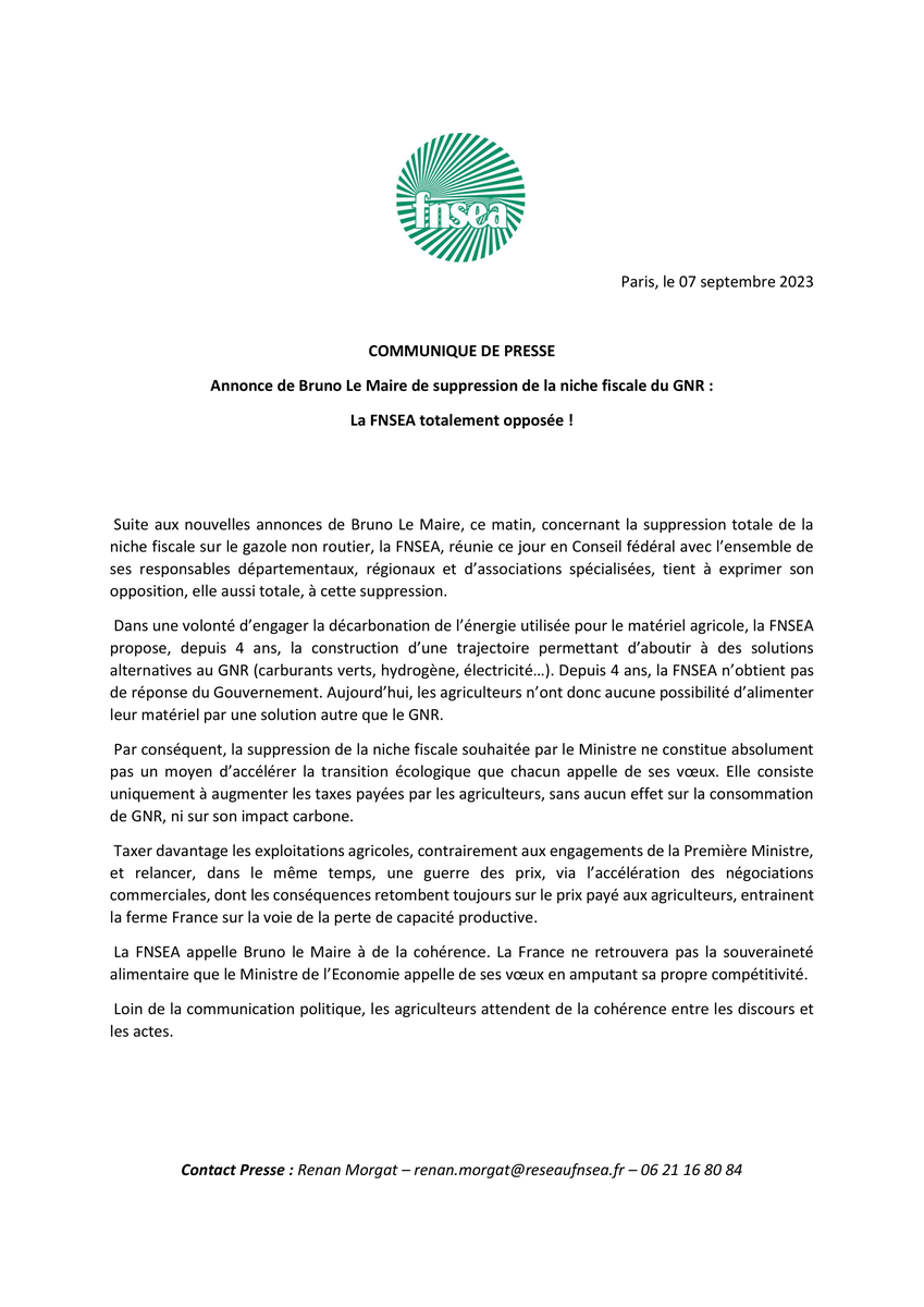 [#CP] Annonce de <a href="/BrunoLeMaire/">Bruno Le Maire</a> de suppression de la niche fiscale du #GNR : La FNSEA totalement opposée!

Retrouvez notre Communiqué de Presse👇